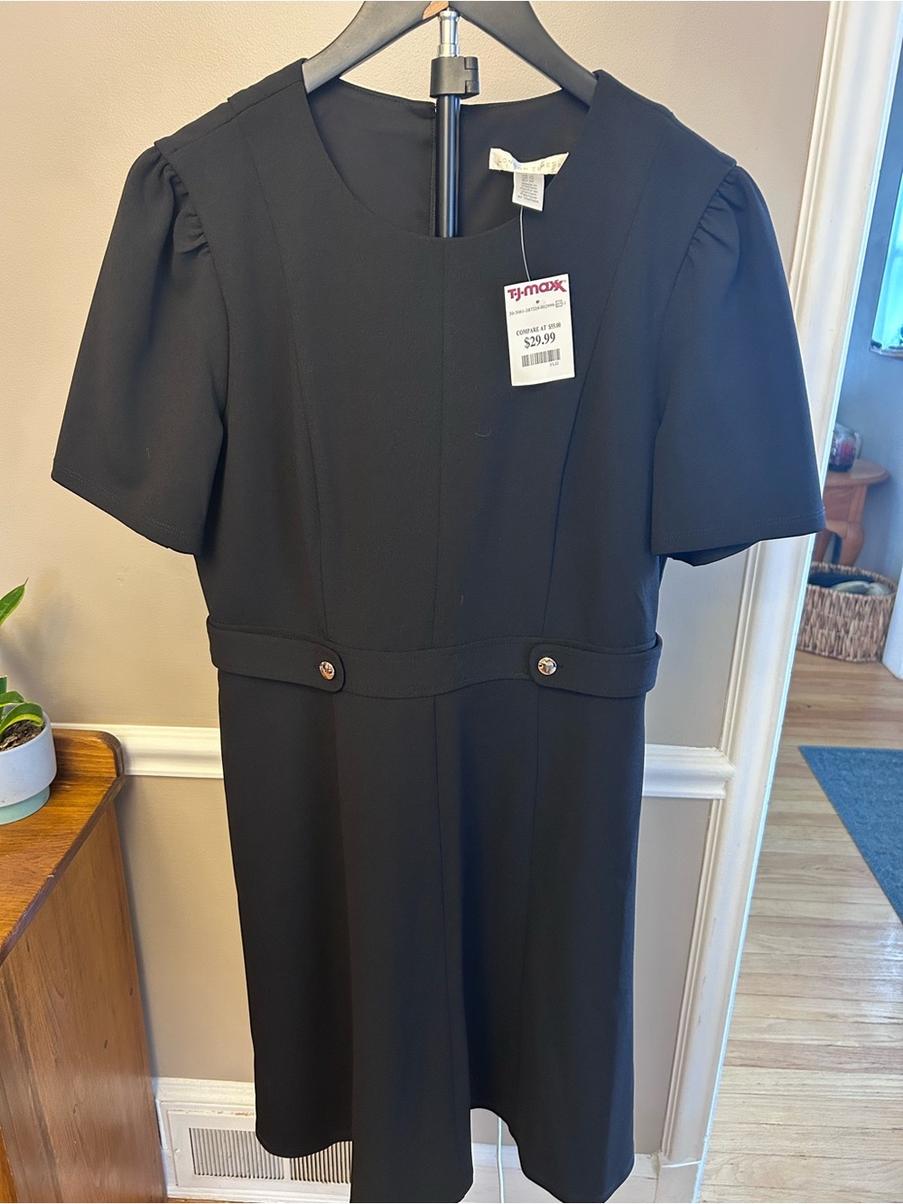 London Times Black Short-Sleeve Formal Dress with Waist Tabs